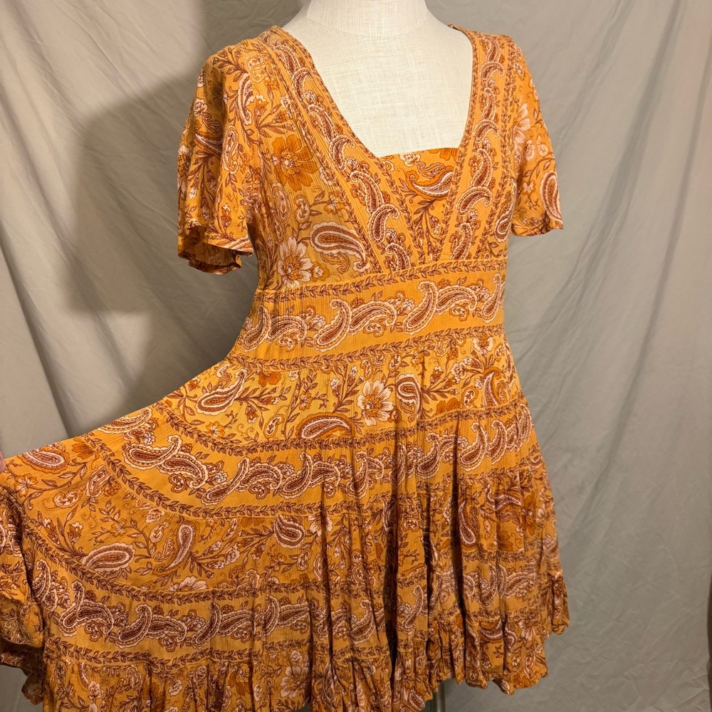 Patrons of Peace Mustard Paisley Tiered Mini Dress